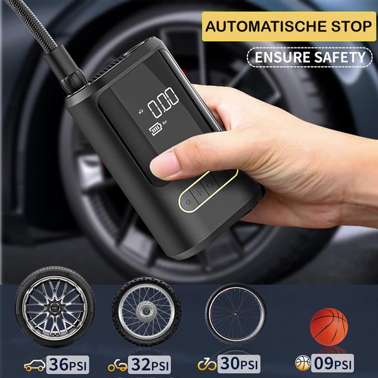 JC's® Elektrische bandenpomp - Elektrische fietspomp - POWERBANK - Scooter/Motor/Auto/Fiets - Autobanden Pomp - Luchtpomp - Bandenpomp - 4200 mAh - Tot wel 10.3 Bar - USB Oplaadbaar - Inclusief 4 Opzetstukken van JC's — afbeelding 3