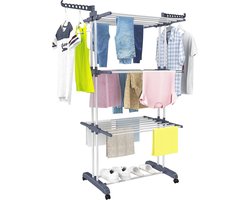 Ruimtebesparend Droogrek met Wielen – 4 Niveaus, 6 Inklapbare Vleugels en Dubbele Zijvleugels voor Binnen en Buiten
