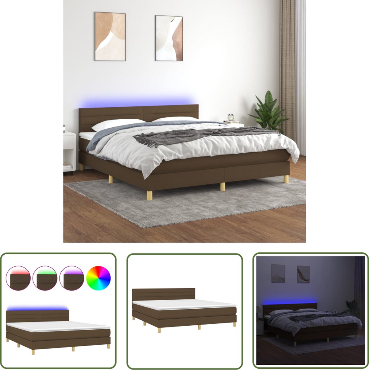 The Living Store Boxspring met matras en LED stof donkerbruin 180x200 cm - Boxspring - Led Bed - Bruine Boxspring - Tweepersoons Bed - Groot Bed