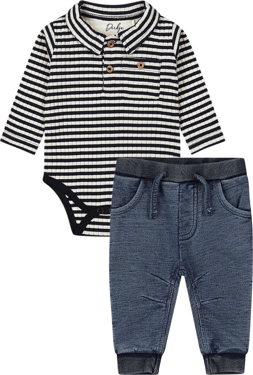 Dirkje - Bio Basic - Kledingset - 2delig - Joggingbroek - Blue jeans - Baby body ls organic cotton - Maat 56
