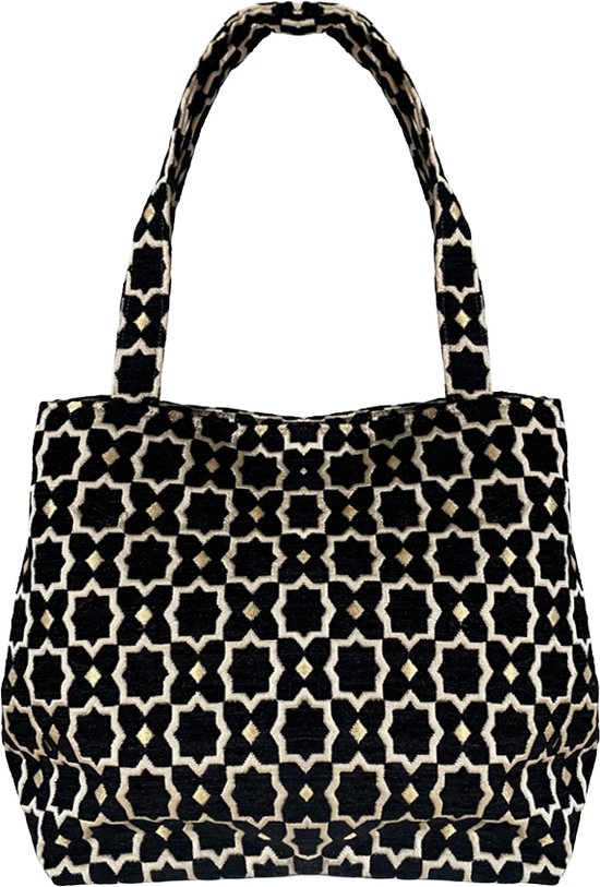 Shopper XL en velours fait main marocain avec accents dorés - Sac fourre-tout - Zwart