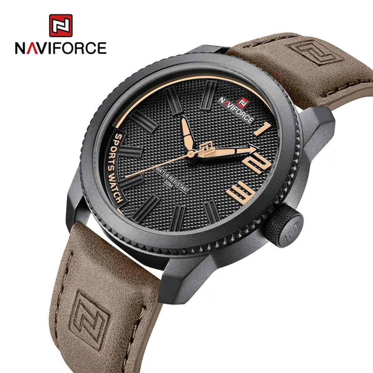 NAVIFORCE horloge voor mannen, met bruine lederen polsband, mat zwarte uurwerkkast, zwarte wijzerplaat met gele wijzers ( model 9202L BYBN ), verpakt in mooie geschenkdoos