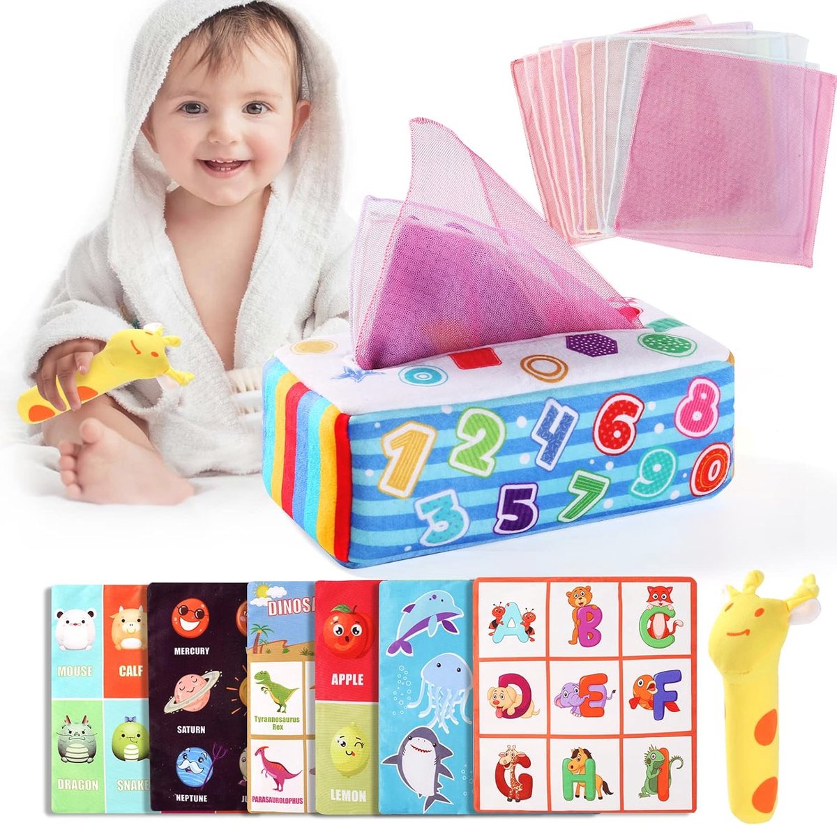 Montessori Speelgoed voor Baby's 6-36 maanden - Sensorisch Speelgoed met 10 Kleurrijke Doekjes, Knisperdoekjes en Rammelaar