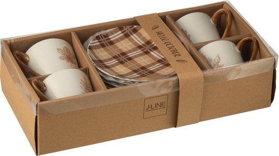 J-Line boite à thé + sous-tasse Feuille - céramique - marron - large - boîte de 4