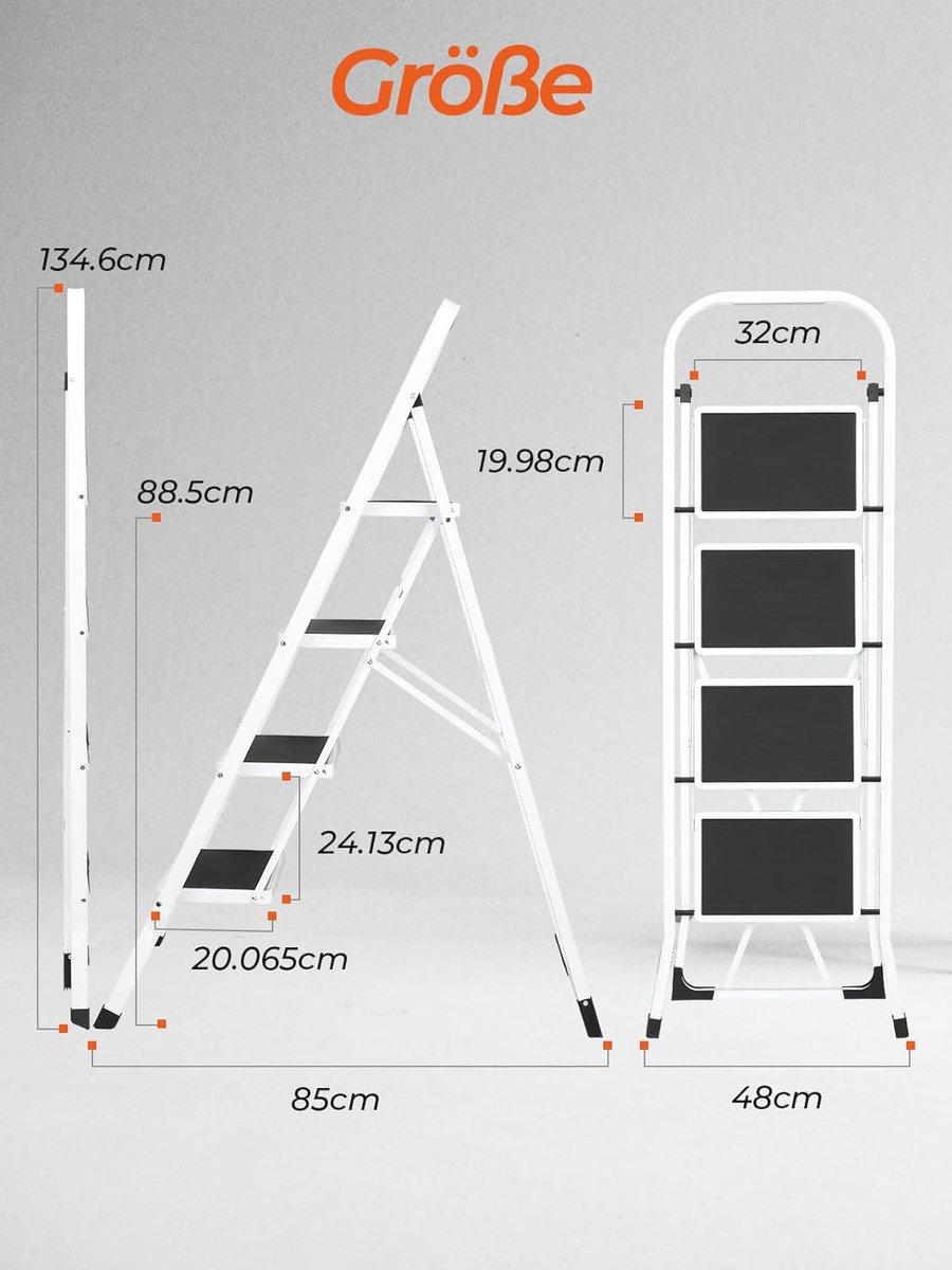 Huishoudtrap 4 Treden - Keukentrapje Basic Inklapbaar Met Handgreep – Keukentrap Anti-slip – Trapladder - Opstapje – Vouwladder Belastbaar tot 150 kg – Ladders – Keukentrap - Wit – foto 8