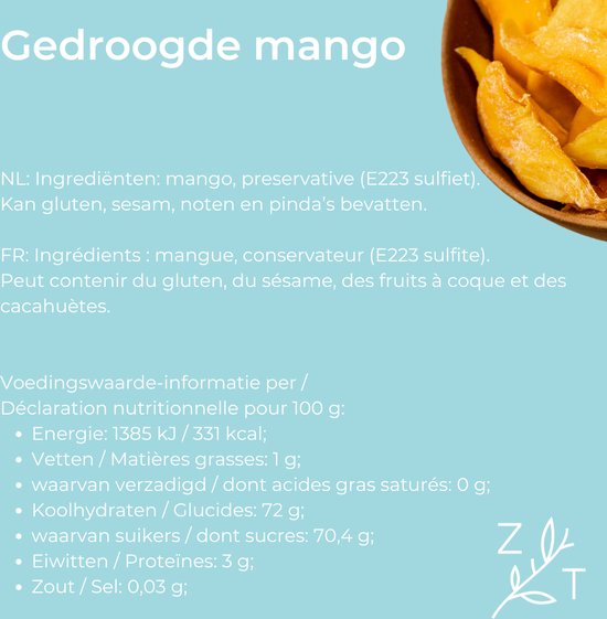 Gedroogde mango met ingrediënten en voedingswaarde-informatie.