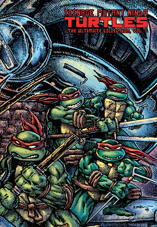 Vier Teenage Mutant Ninja Turtles met rode bandana's, die wapens vasthouden. Tekst: Teenage Mutant Ninja Turtles: The Ultimate Collection, Vol. 7.