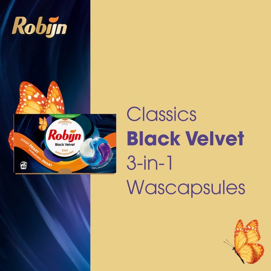 Verpakking van Robijn Black Velvet 3-in-1 wascapsules met oranje vlinder en tekst in het Nederlands.
