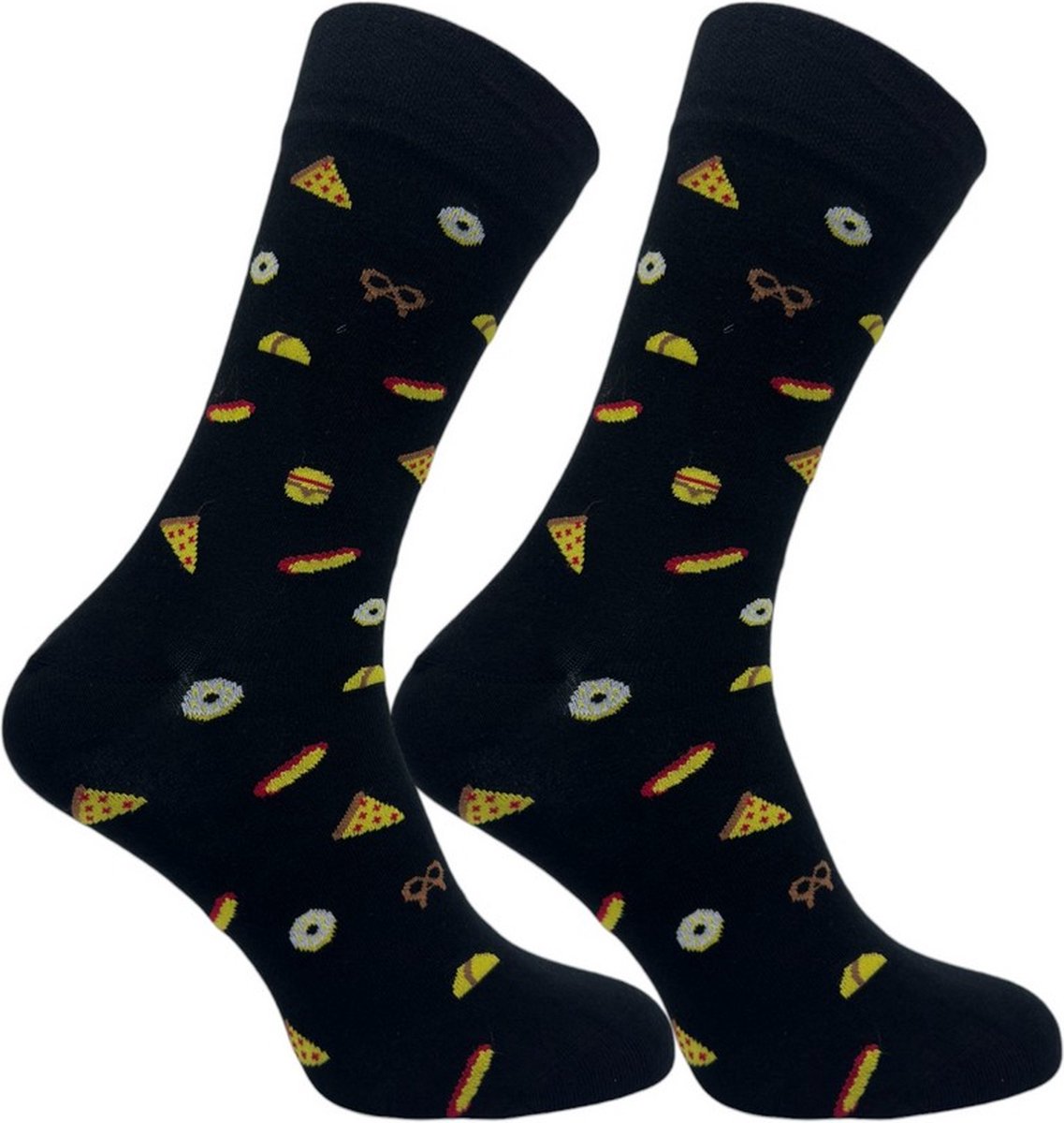 La Pèra - Happy Food Socks – Zwarte Heren & Dames Sokken 39-42 – Katoen – Pizza & Hamburger Print – Vrolijke Cadeausokken – Origineel Sokken Cadeau