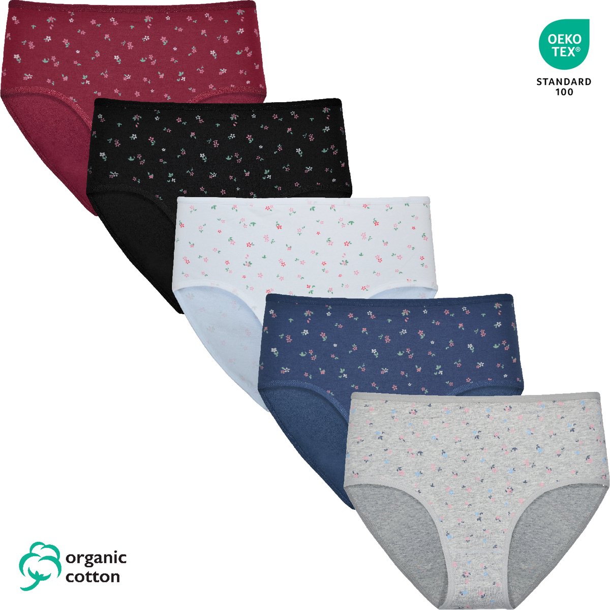 5-Pack Dames Hoge Taille Slips - Organisch Katoen - Subtiele bloemetjes print - Superzacht en Elastisch - 9090 Maat L