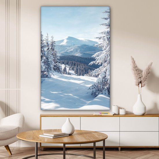 Peinture sur toile 80x120 cm - Décoration murale Paysage d'hiver - Nature - Berg - Arbres - Neige - Décoration murale salon - Décoration chambre - Accessoires de chambre - Peintures