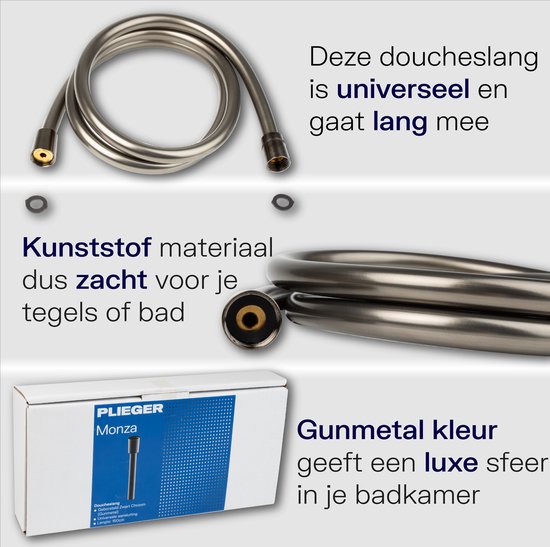 De Plieger Monza doucheslang in gunmetal is universeel, gemaakt van kunststof, 150 cm lang en heeft een luxe uitstraling.