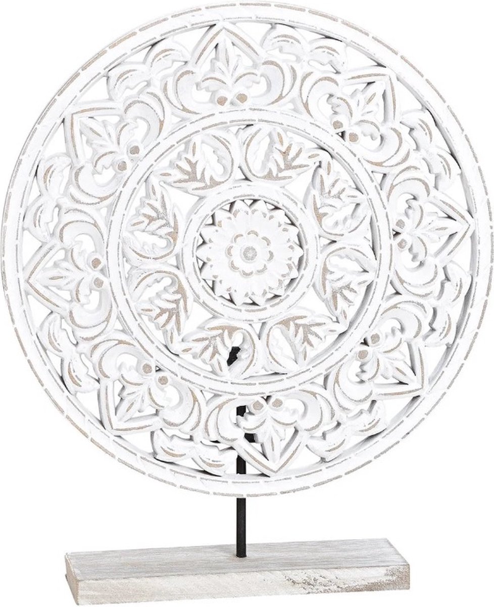 Houten Raamdecoratie Op Voet - Bloem mandala- Wit / creme - 36 cm