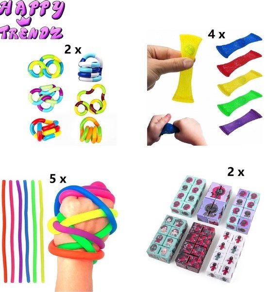 Happy Trendz® Mega Fidget Toys Pakket 13 Stuks - fidget toys pakket - Nieuwste TikTok Trend - - Mesh Marble - Fidget Cube - Fidget Infinity Cube - friemel ketting