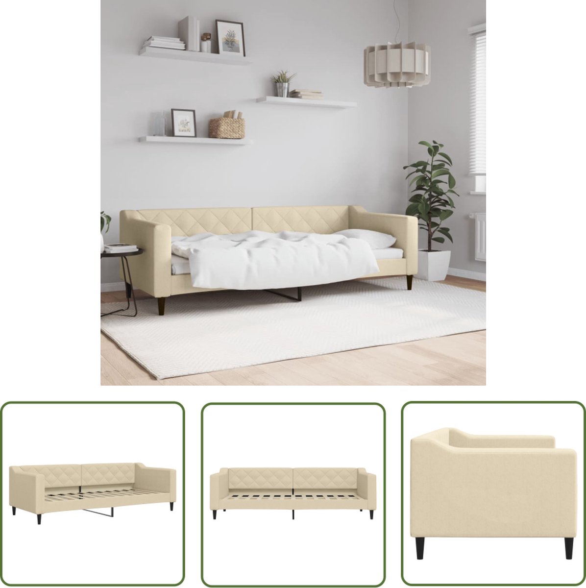 The Living Store Slaapbank - 223x90x67 cm - Crème - Stof en massief hout - Multiplex lattenbodem