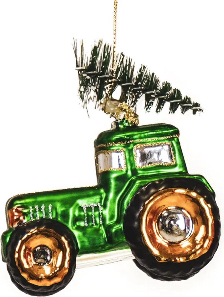 Housevitamin Kersthanger Tractor – Glas Groen – 9x5x10 cm – Glazen Kerstbal – Vrolijke Tractor Kerstversiering