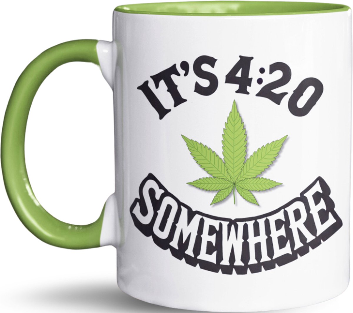 NietMokken.nl - Leuke Mok 325 ml - It’s 4:20 Somewhere - Grappige Mok - Met Groene Binnenkant en Oortje - Humoristische Tas - Ideaal als Cadeau voor Vrienden - Cadeau voor Koffie- en Theeliefhebbers - Cadeautip voor Mannen en Vrouwen - Wiet Cadeau
