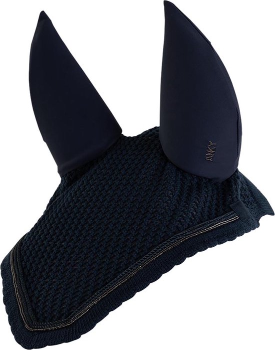 Donkerblauw Anky oornetje met gebreide voorkant en lange oren. Gouden bies.