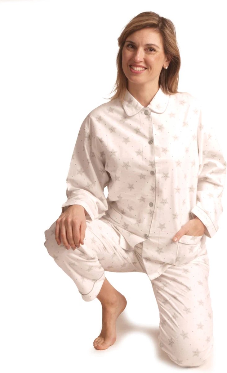 Lunatex dames pyjama flanel - Happy star - ivoor Ivoor, happy star
