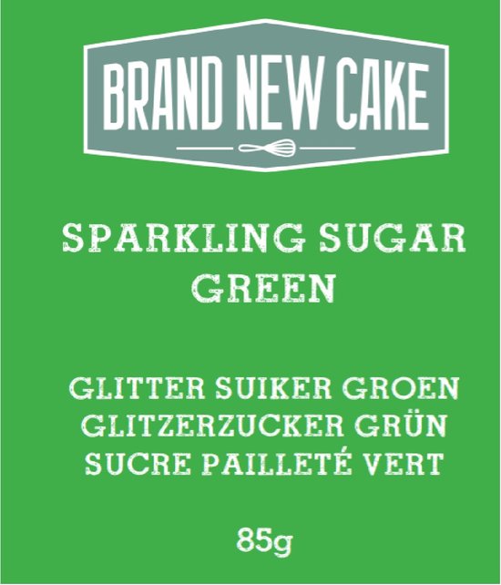 Gedetailleerd etiket met 'Brand New Cake Sparkling Sugar Green', 'Glitter Suiker Groen' en '85g'.