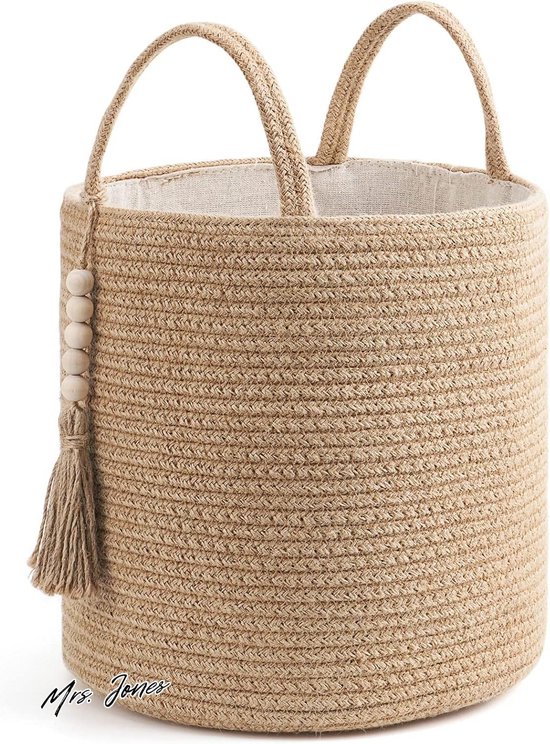 Madame Jones Panier de rangement tissé décoratif en corde naturelle, décoration de perles en bois pour couvertures, speelgoed , vêtements, chaussures, organisateur de plantes avec poignées pour décoration de salon, système de rangement.