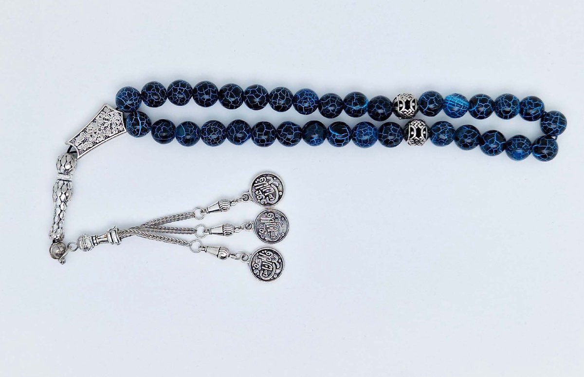 Handgemaakte tesbih "tasbih" natuursteen "Blauwe harmonie" - Aantal kralen 33 - Diameter kralen 10 MM - met metaal tassel "model 6" - Een mooi cadeau-idee