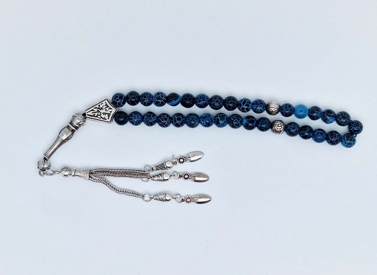 Handgemaakte tesbih "tasbih" natuursteen "Blauwe harmonie" - Aantal kralen 33 - Diameter kralen 8 MM - met metaal tassel "model 9" - Een mooi cadeau-idee