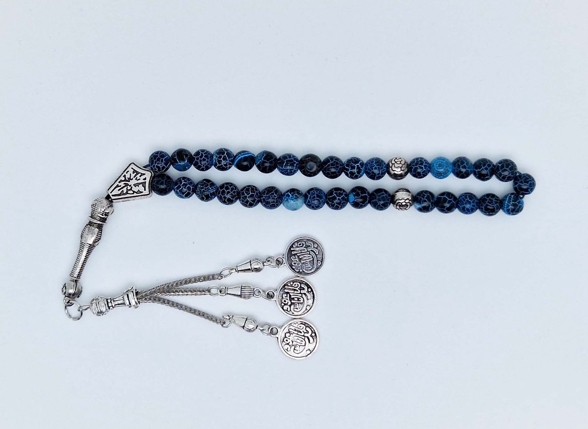 Handgemaakte tesbih "tasbih" natuursteen "Blauwe harmonie" - Aantal kralen 33 - Diameter kralen 8 MM - met metaal tassel "model 6" - Een mooi cadeau-idee