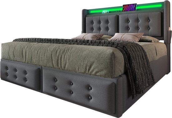 Lit double Merax 160x200 cm avec tête de lit LED et fonction de charge USB-C - Lit hydraulique avec sommier à lattes et espace de rangement - Matelas inclus - Grijs