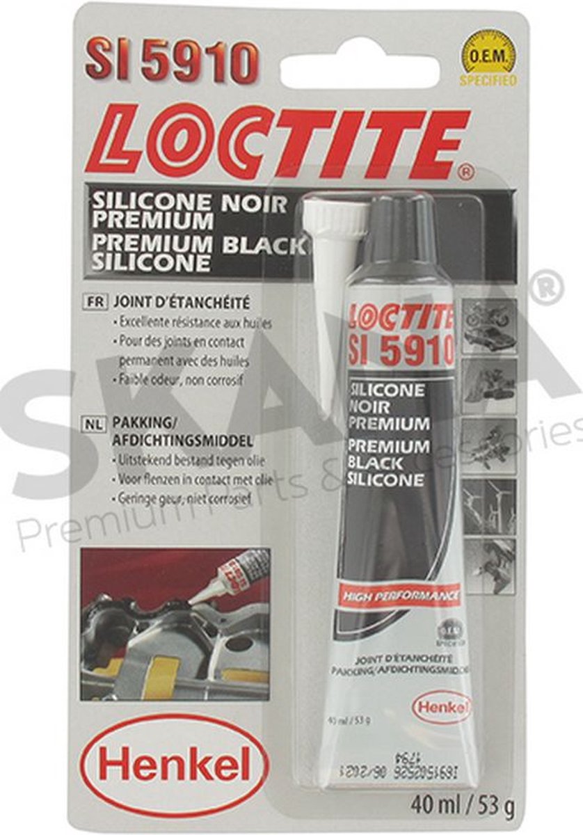 Afdichtingsmiddel zwart LOCTITE5910, voor metalen of kunststof oppervlak. Oliebestendig. Bedrijfstemperatuur -55 tot + 200 ° C. Buis van 40 ml.