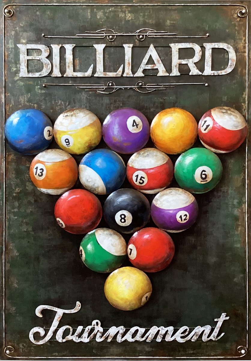 3D Metaalschilderij - Biljarttoernooi - 50 x 3 x 75 cm