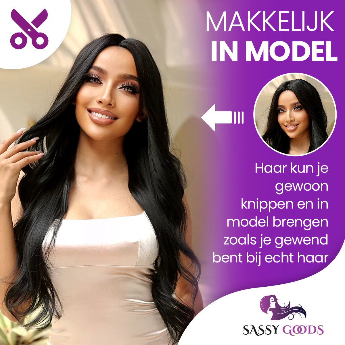 SassyGoods Zwarte Pruik - Pruiken Dames Lang Haar - Wig - Golvend Haar - Haren Vrouwen - Verstelbaar - Wasbaar - Zwart — afbeelding 2