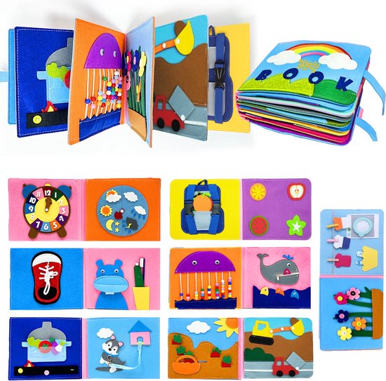 Een verzameling van de verschillende pagina's van een educatief activiteitenboek van vilt.