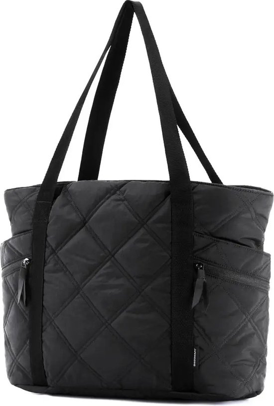 Zwarte gewatteerde shopper tas met schouderhengels en ritsvakken aan de zijkant.