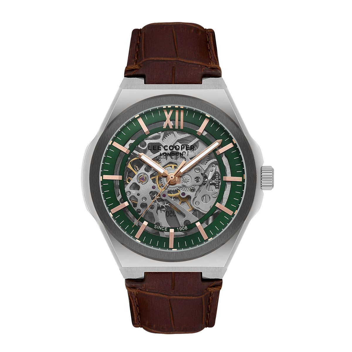Lee Cooper LC08050.354 - Horloge - Polshorloge - Analoog - Automatisch - Mannen - Heren - Leren band - Overig (vorm) - Metaal - Skeleton - Strepen - Romeinse Cijfer - Bruin - Zilverkleurig - GUN - Groen - Rosékleurig