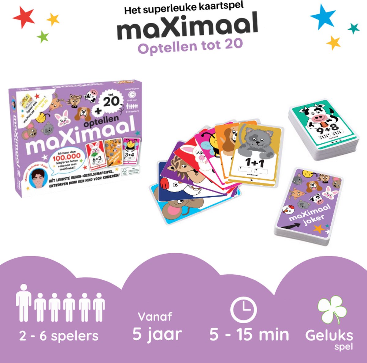 maXimaal voordeelset 4 spellen: Optellen tot 20 + Aftrekken tot 20 + Maaltafels + Deeltafels | Kaartspel | Bedenker: Maxim (8 jaar) | Optellen, aftrekken tot 20, maaltafels, deeltafels, rekenen wordt kinderspel | Meng & speel met alle spellen! — afbeelding 2
