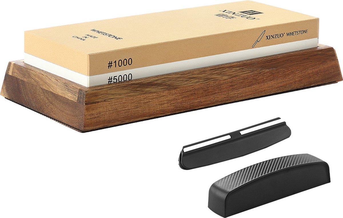 Xinzuo - Professionele Slijpsteen van wit Korund - Dubbelzijdige korrel 1000/5000 - Met Bamboe anti-slip houder, hoekgelijder en corrector