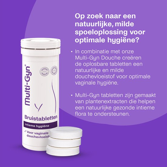 Wit flesje Multi-Gyn met paarse tekst en opgerolde witte handdoeken. 'Zonder parfum'.