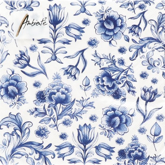 Ambiente Tafel diner servetten - Delfts blauw bloemen patroon thema - 40x stuks - 33 x 33 cm