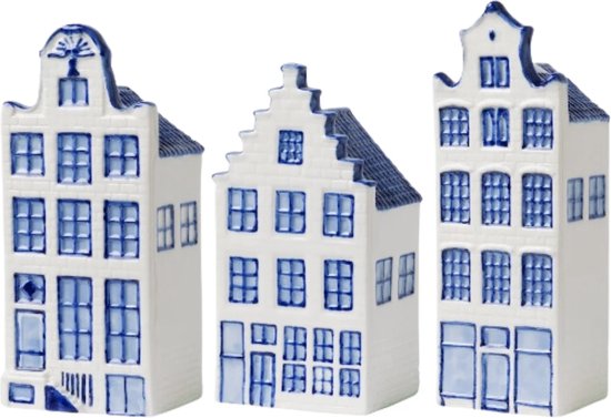 Huisjes decoratie - set van 3 - hoogte 14 cm - Delfts blauw - grachtenhuizen - Hollandse cadeautjes - Holland souvenir- relatiegeschenk - typisch Nederlands