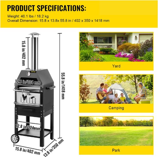 Collox Pizza oven - Pizzaovens - Houtvuurpizza - 2 laags - voor buiten - met verwijderbare wielen - inclusief pizzasteen, twee roestvrijstalen bakplaten, twee duurzame ijzeren koolstofgaasjes — afbeelding 2