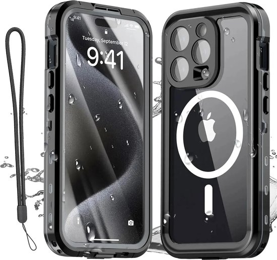 DrPhone AquaShield – Waterdichte Telefoonhoes – IP68 Waterdicht – 360° Bescherming – Geschikt Voor Magnetische Ring - Geschikt Voor iPhone 16 Pro Max - Zwart