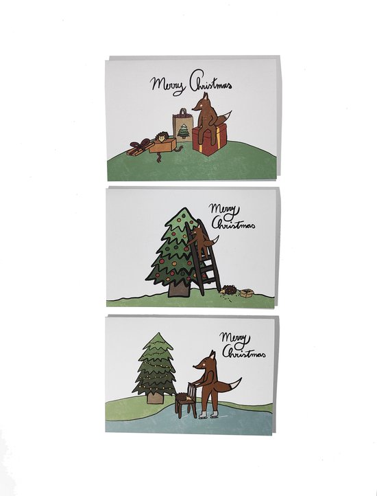 15x Kerstkaarten Handgemaakt Vos en de Egel met Enveloppen (C6 formaat) - Kaartenset - Thema: Vos en de Egel Vieren Kerst - tekst “Merry Christmas” - Blanco Binnenkant - Kerstkaart - Handgemaakte Luxe Kerstkaarten - Wenskaarten