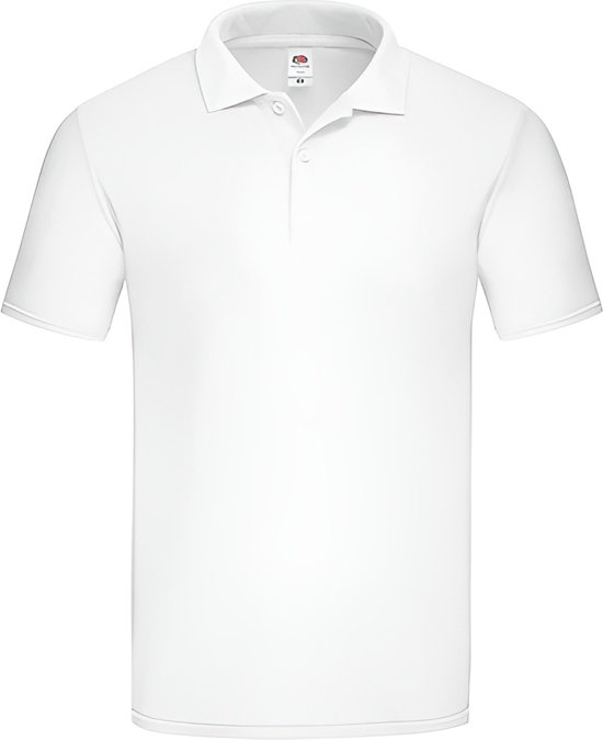 Polo blanc à manches courtes avec un col et des boutons. La marque "Fruit of the Loom" est visible sur l'étiquette.