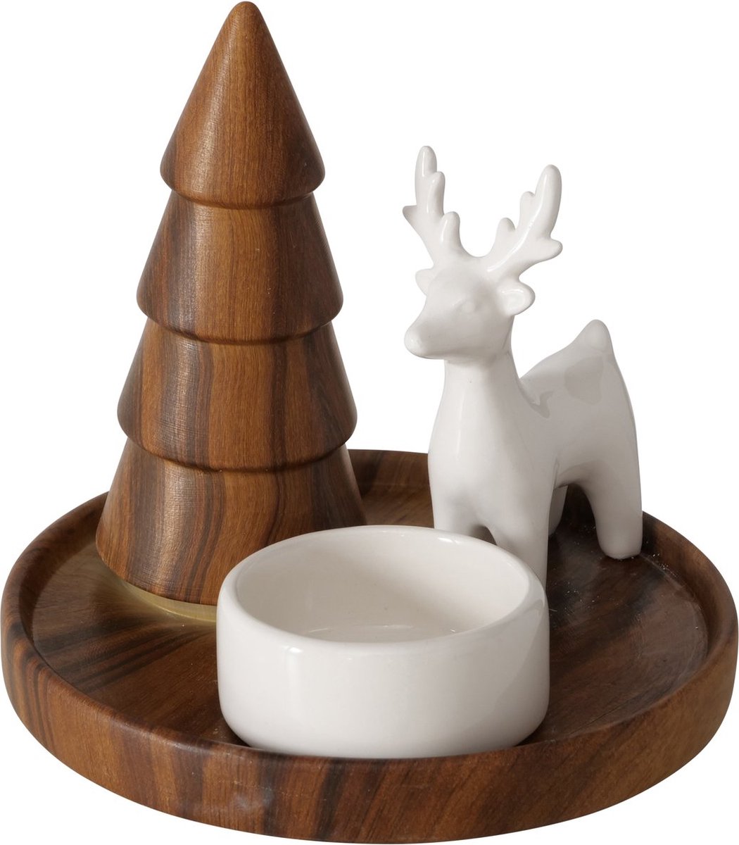 Boltze Home Kaarsenhouder met dennenboom en figuur SKANDO, hoogte 12 cm Wit;Hout