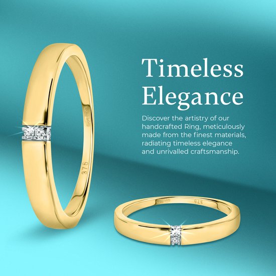 Twee gouden ringen met elk twee diamanten in een rij, op een teal achtergrond. 'Timeless Elegance.'
