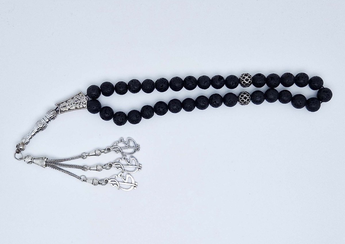 Handgemaakte tesbih "tasbih" natuursteen " Lava Donker " - Aantal kralen 33 - Diameter kralen 10 MM - met metaal tassel "model 1" - Een mooi cadeau-idee