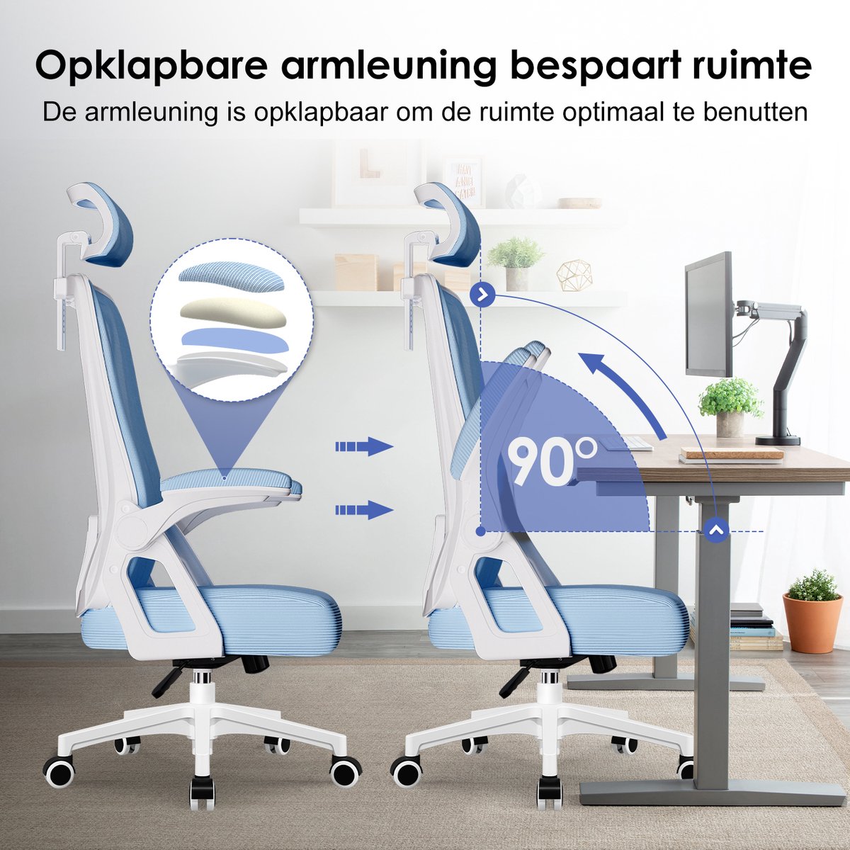 Hiaonyx bureaustoel-ergonomische bureaustoel-bureaustoelen voor volwassenenOpklapbare armleuningen-2D lendensteun-Maximale kanteling 135°-Blauw thumbnail 5