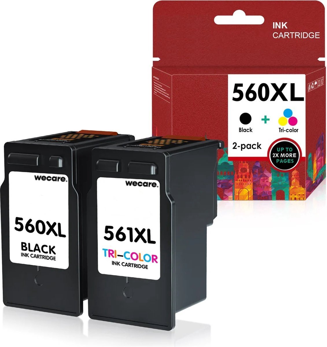 2-pack | Huismerk XL Inktcartridge PG-560 / CL-561 (PG-560XL + CL-561XL) Zwart + 3 kleuren Multipack Hoge capaciteit geschikt voor Canon