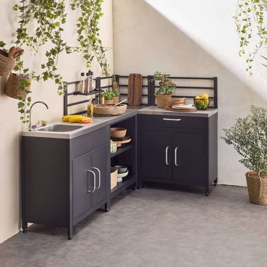 sweeek - Buitenkeuken met 4 stalen modules, unit met spoelbak, planken, lades en opbergruimte van Sweeek — afbeelding 2